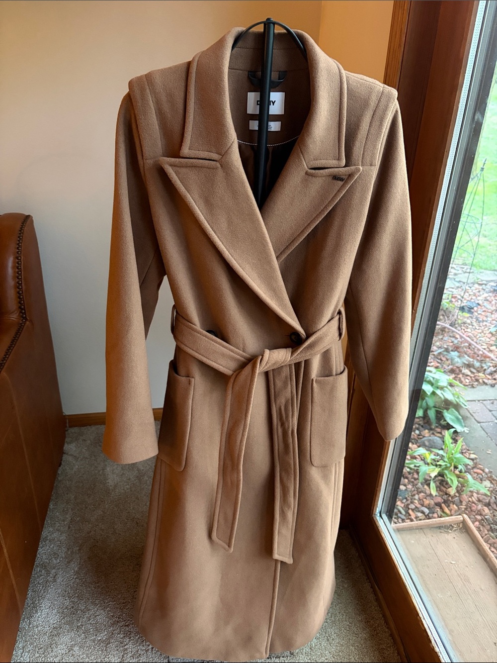 DKNY Women's Notch Collar Belted Wrap Coat in camel color